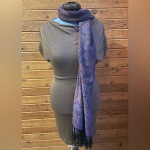 Purple printed scarf with black tassels